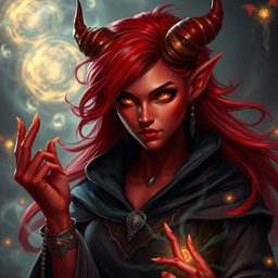 A striking Tiefling sorceress with smoldering crimson skin and wild, flowing red hair