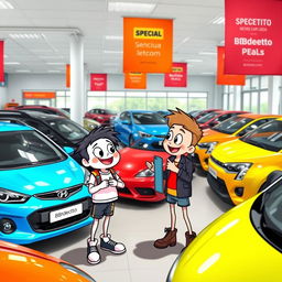 BBdeditos and zapaterito visiting a car dealership, looking excited while examining various colorful cars