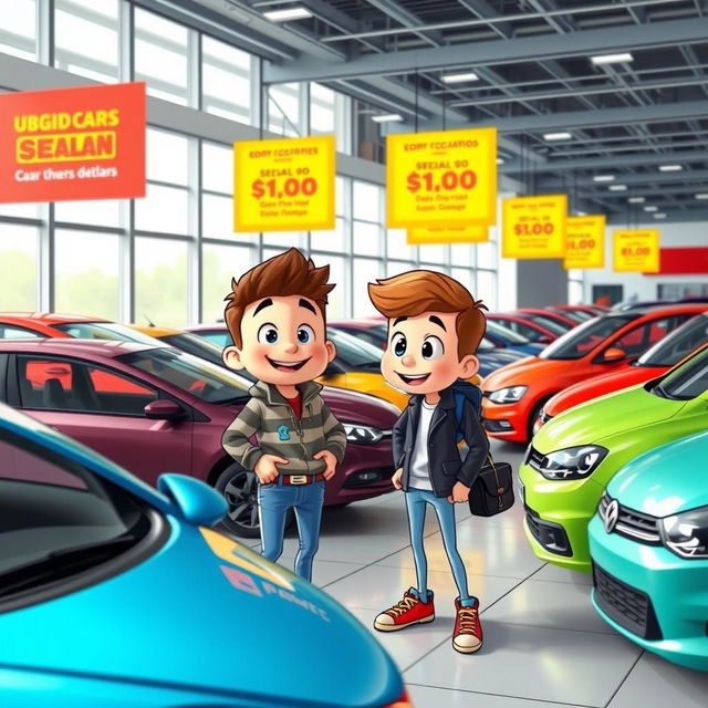 BBdeditos and zapaterito visiting a car dealership, looking excited while examining various colorful cars