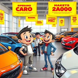 BBdeditos and zapaterito visiting a car dealership, looking excited while examining various colorful cars