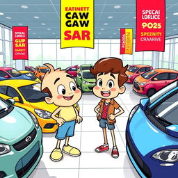 BBdeditos and zapaterito visiting a car dealership, looking excited while examining various colorful cars