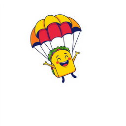 A playful and vibrant graphic design for a t-shirt featuring a cartoon taco character joyfully parachuting through the air