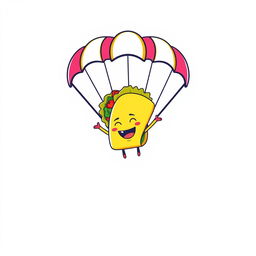A playful and vibrant graphic design for a t-shirt featuring a cartoon taco character joyfully parachuting through the air