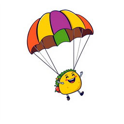 A playful and vibrant graphic design for a t-shirt featuring a cartoon taco character joyfully parachuting through the air