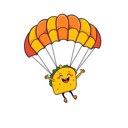 A playful and vibrant graphic design for a t-shirt featuring a cartoon taco character joyfully parachuting through the air