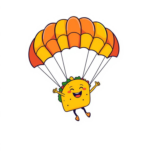 A playful and vibrant graphic design for a t-shirt featuring a cartoon taco character joyfully parachuting through the air