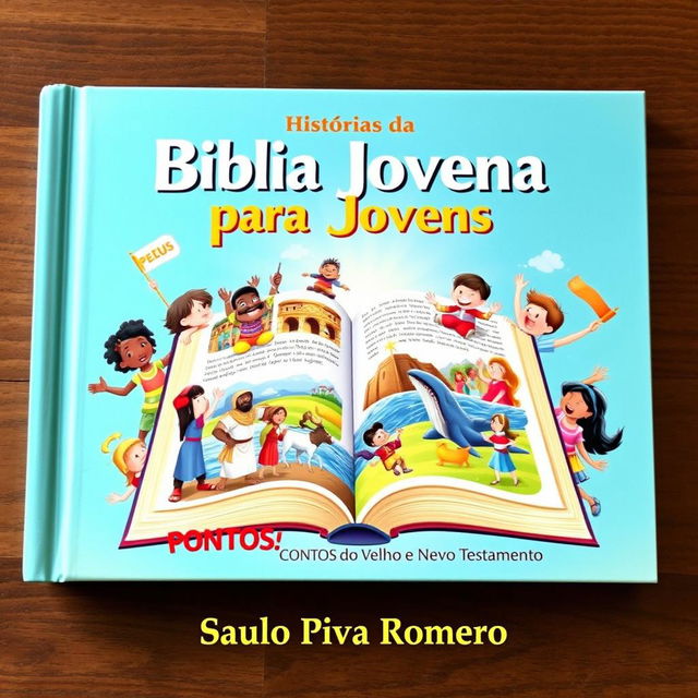 A colorful and inviting book cover for 'Histórias da Bíblia para Jovens: CONTOS do Velho e Novo Testamento' by Saulo Piva Romero, specifically designed for a children's and young adult audience