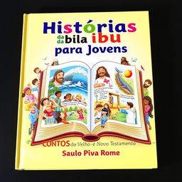 A colorful and inviting book cover for 'Histórias da Bíblia para Jovens: CONTOS do Velho e Novo Testamento' by Saulo Piva Romero, specifically designed for a children's and young adult audience