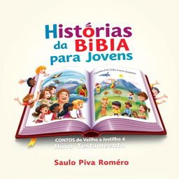 A colorful and inviting book cover for 'Histórias da Bíblia para Jovens: CONTOS do Velho e Novo Testamento' by Saulo Piva Romero, specifically designed for a children's and young adult audience