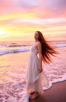 A woman with long flowing red hair standing on a beach at sunset, wearing a flowing white sundress, with waves gently crashing around her feet