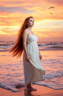 A woman with long flowing red hair standing on a beach at sunset, wearing a flowing white sundress, with waves gently crashing around her feet