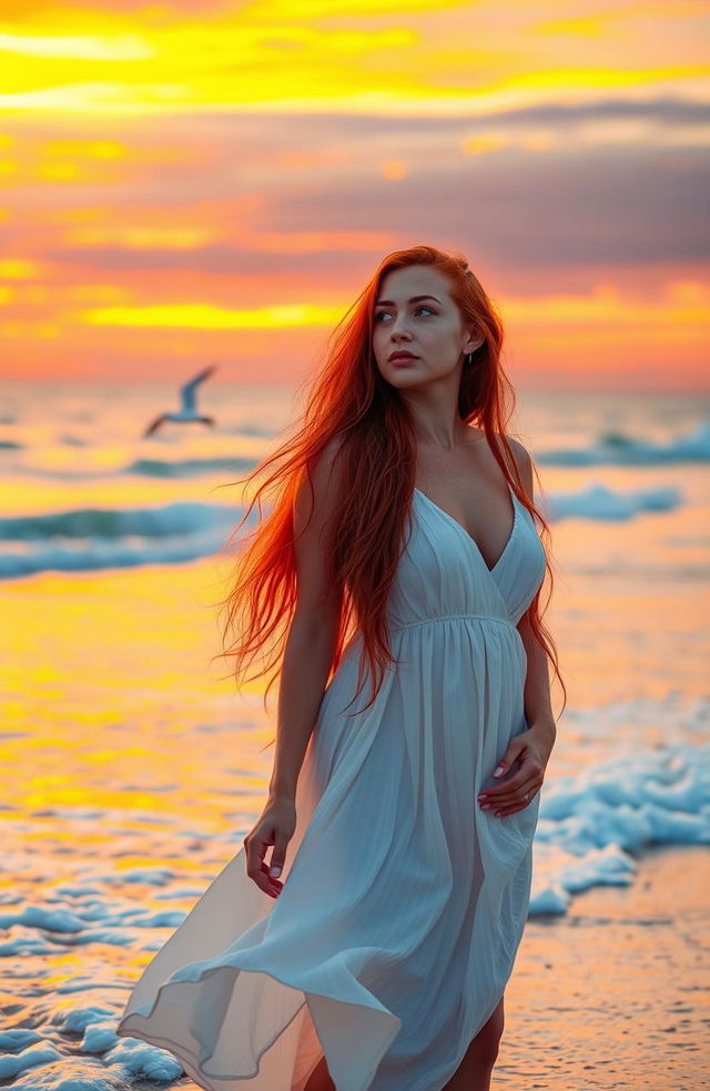 A woman with long flowing red hair standing on a beach at sunset, wearing a flowing white sundress, with waves gently crashing around her feet