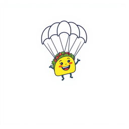 A playful and vibrant graphic design for a gray t-shirt featuring a cartoon taco character joyfully parachuting through the air