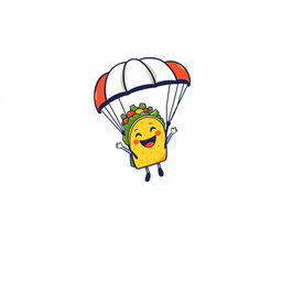 A playful and vibrant graphic design for a gray t-shirt featuring a cartoon taco character joyfully parachuting through the air