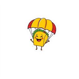 A playful and vibrant graphic design for a gray t-shirt featuring a cartoon taco character joyfully parachuting through the air