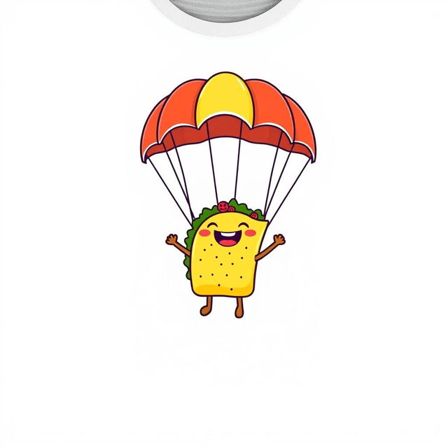 A playful and vibrant graphic design for a gray t-shirt featuring a cartoon taco character joyfully parachuting through the air