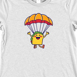 A fun and colorful graphic design for a gray t-shirt featuring a cartoon taco character leaping joyfully while parachuting