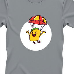 A fun and colorful graphic design for a gray t-shirt featuring a cartoon taco character leaping joyfully while parachuting