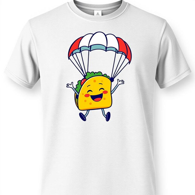 A fun and colorful graphic design for a gray t-shirt featuring a cartoon taco character leaping joyfully while parachuting