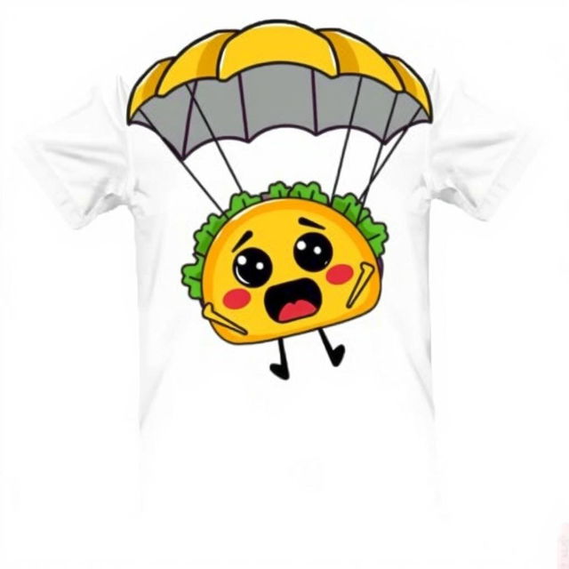 A humorous and playful graphic design for a gray t-shirt featuring a cartoon taco character with a scared expression, joyfully parachuting through the sky