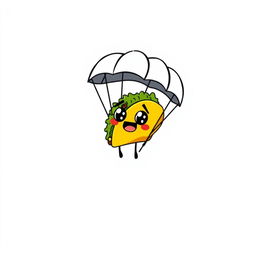 A humorous and playful graphic design for a gray t-shirt featuring a cartoon taco character with a scared expression, joyfully parachuting through the sky