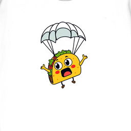 A humorous and playful graphic design for a gray t-shirt featuring a cartoon taco character with a scared expression, joyfully parachuting through the sky