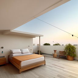 A breezy, luminous bedroom with an attached washroom, alongside a spacious living room with abundant light and air on a rooftop