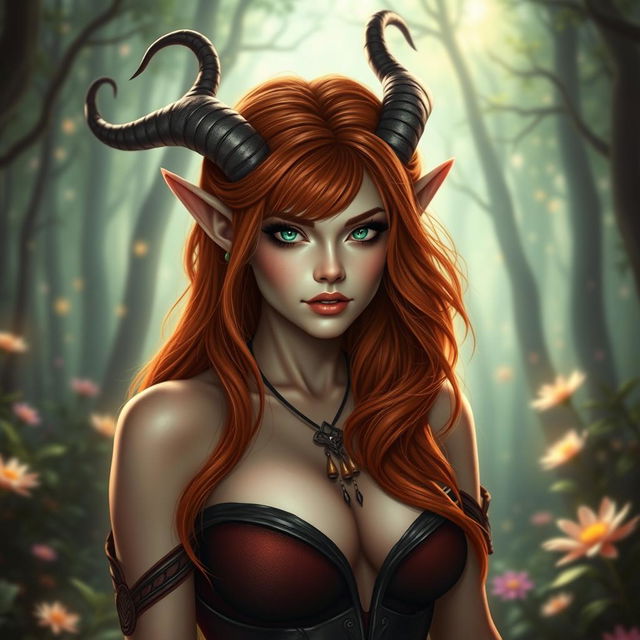 A sexy redhead elf with elegantly curved horns adorning her head