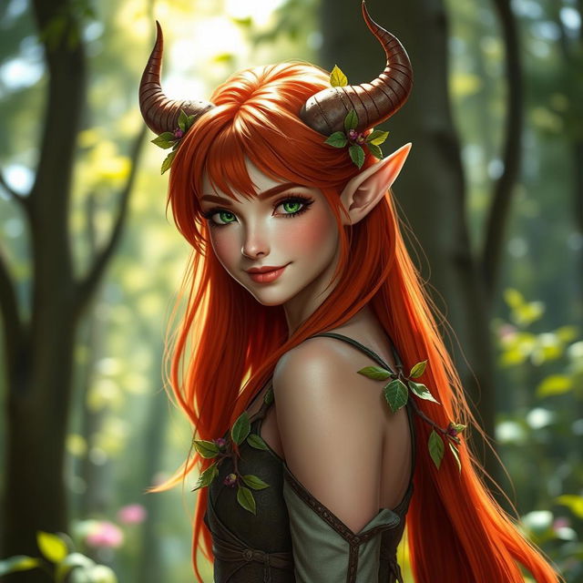 A stunningly beautiful redhead elf with unique horns protruding from her head and slightly red-tinted skin