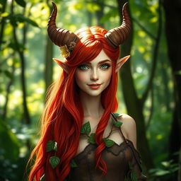 A stunningly beautiful redhead elf with unique horns protruding from her head and slightly red-tinted skin