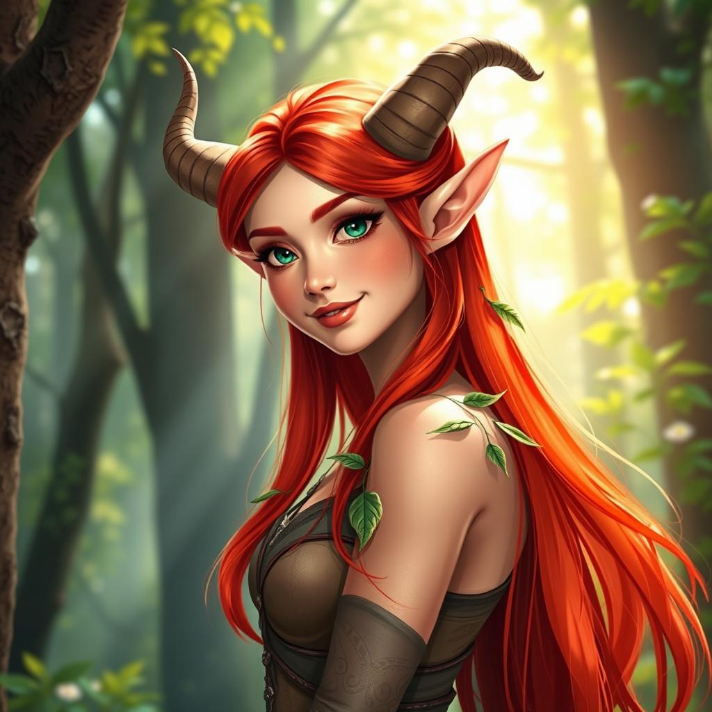 A stunningly beautiful redhead elf with unique horns protruding from her head and slightly red-tinted skin