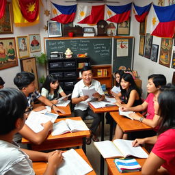 A lively scene depicting a group of English people engaged in learning the Filipino language