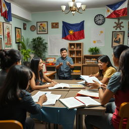 A lively scene depicting a group of English people engaged in learning the Filipino language
