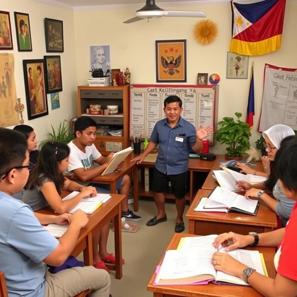 A lively scene depicting a group of English people engaged in learning the Filipino language