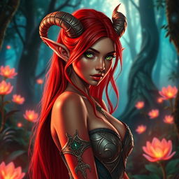 A sexy redhead elf with striking red skin, adorned with elegant, curving horns, showcasing her enchanting beauty