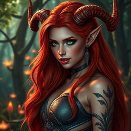 A sexy redhead elf with striking red skin, adorned with elegant, curving horns, showcasing her enchanting beauty