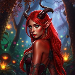 A sexy redhead elf with striking red skin, adorned with elegant, curving horns, showcasing her enchanting beauty