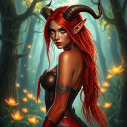 A sexy redhead elf with striking red skin, adorned with elegant, curving horns, showcasing her enchanting beauty