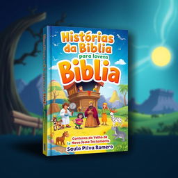 A colorful and engaging book cover for a children's and youth book titled 'Histórias da Bíblia para Jovens: CONTOS do Velho e Novo Testamento' by Saulo Piva Romero