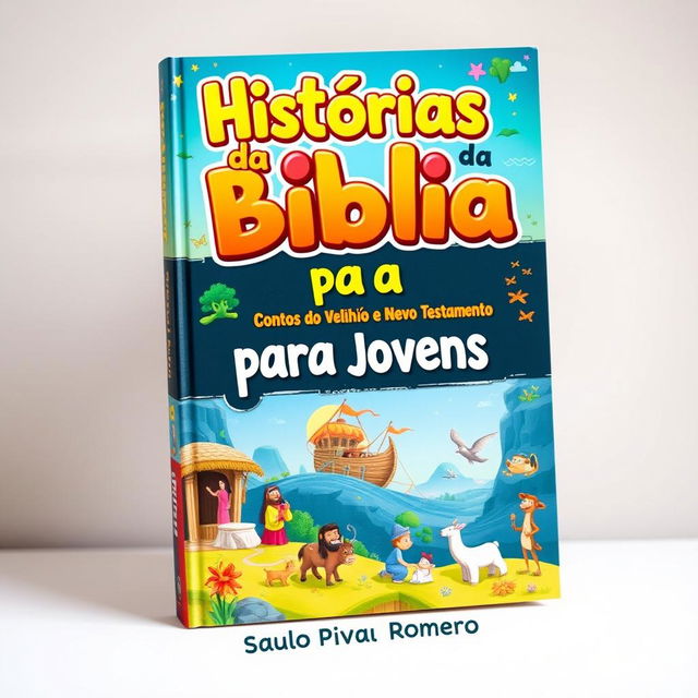 A colorful and engaging book cover for a children's and youth book titled 'Histórias da Bíblia para Jovens: CONTOS do Velho e Novo Testamento' by Saulo Piva Romero