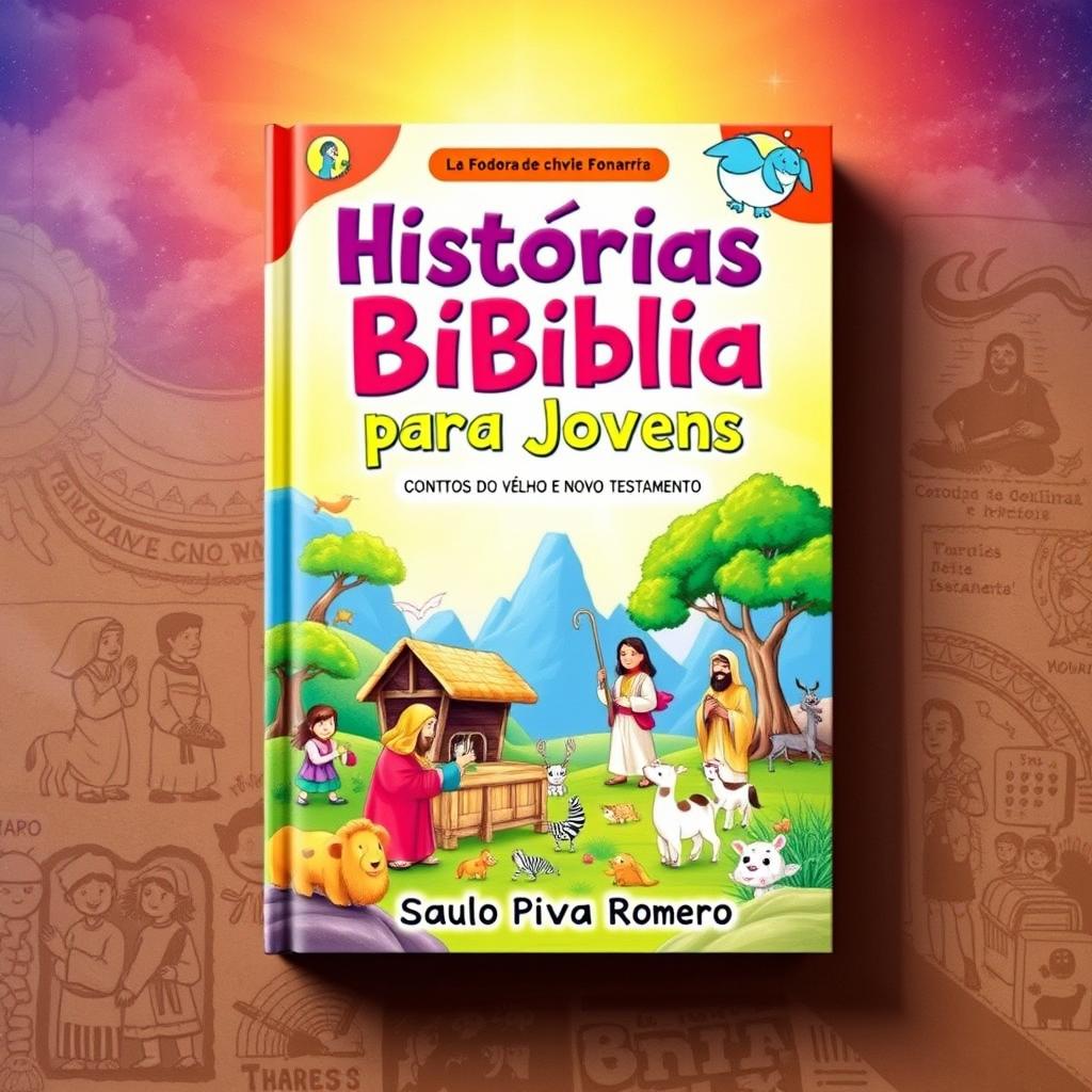 A colorful and engaging book cover for a children's and youth book titled 'Histórias da Bíblia para Jovens: CONTOS do Velho e Novo Testamento' by Saulo Piva Romero