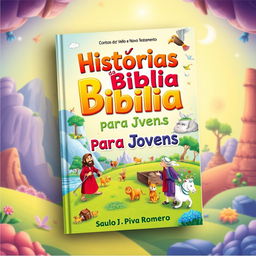 A colorful and engaging book cover for a children's and youth book titled 'Histórias da Bíblia para Jovens: CONTOS do Velho e Novo Testamento' by Saulo Piva Romero