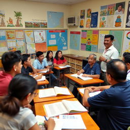 A vibrant scene depicting English people actively being taught the Filipino language in a lively classroom setting