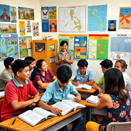 A vibrant scene depicting English people actively being taught the Filipino language in a lively classroom setting