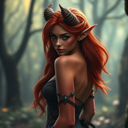 A sexy redhead elf with striking red skin and beautiful, elegant horns gracefully protruding from her head