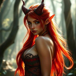 A sexy redhead elf with striking red skin and beautiful, elegant horns gracefully protruding from her head