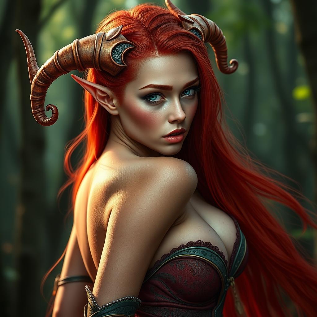 A sexy redhead elf with striking red skin and beautiful, elegant horns gracefully protruding from her head