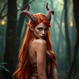 A sexy redhead elf with striking red skin and beautiful, elegant horns gracefully protruding from her head