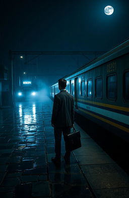 A hauntingly beautiful scene set on a dark, rainy midnight at a desolate local train station in Kolkata