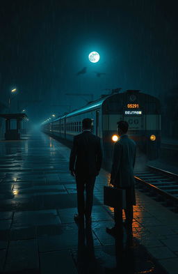 A hauntingly beautiful scene set on a dark, rainy midnight at a desolate local train station in Kolkata